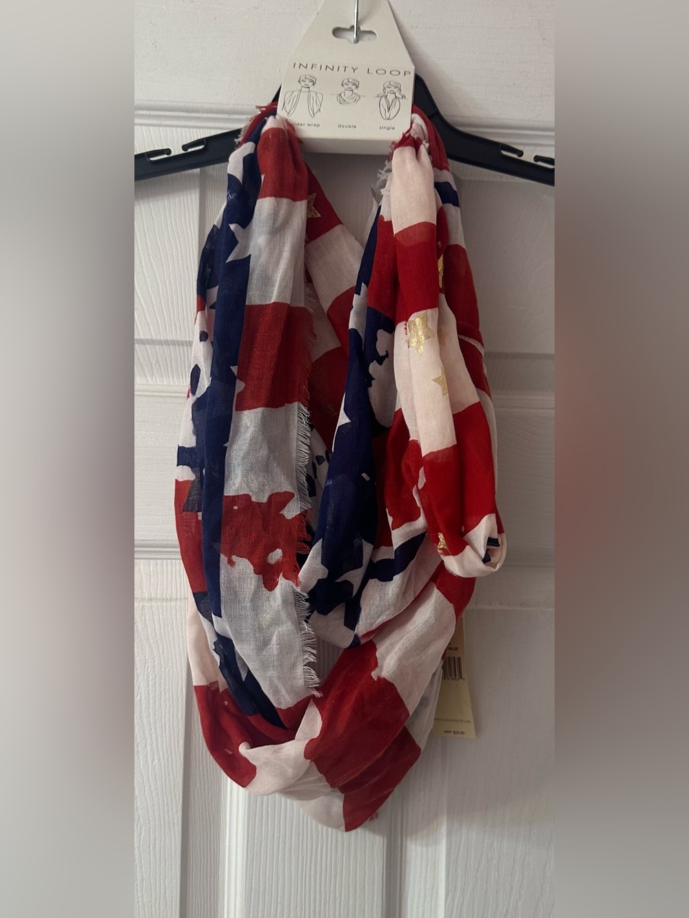 Collection Eighteen Patriotic Infinity Loop Scarf Red White Blue Gold Stars NWT